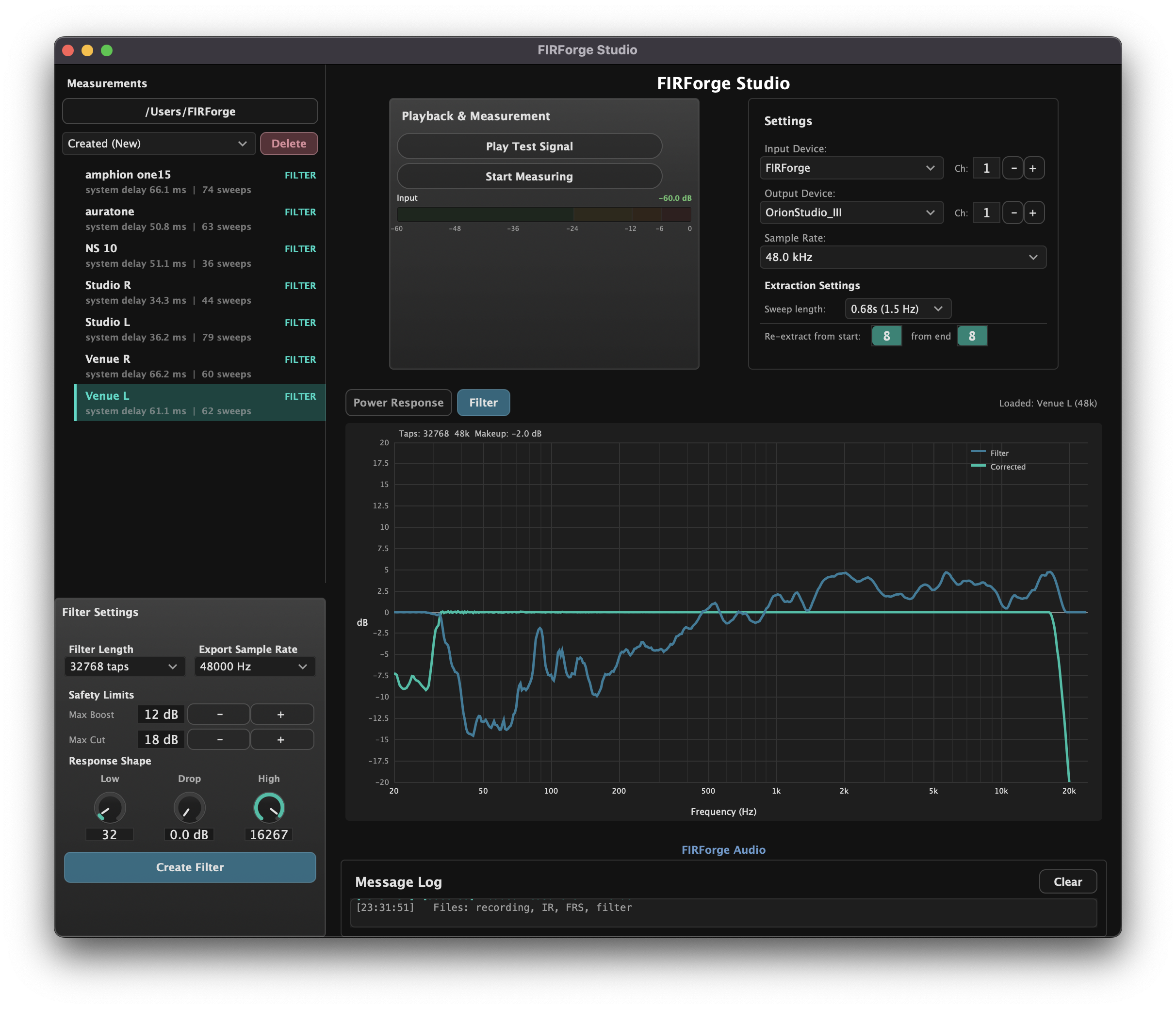 FIRForge Studio showing minimum-phase FIR correction filter settings